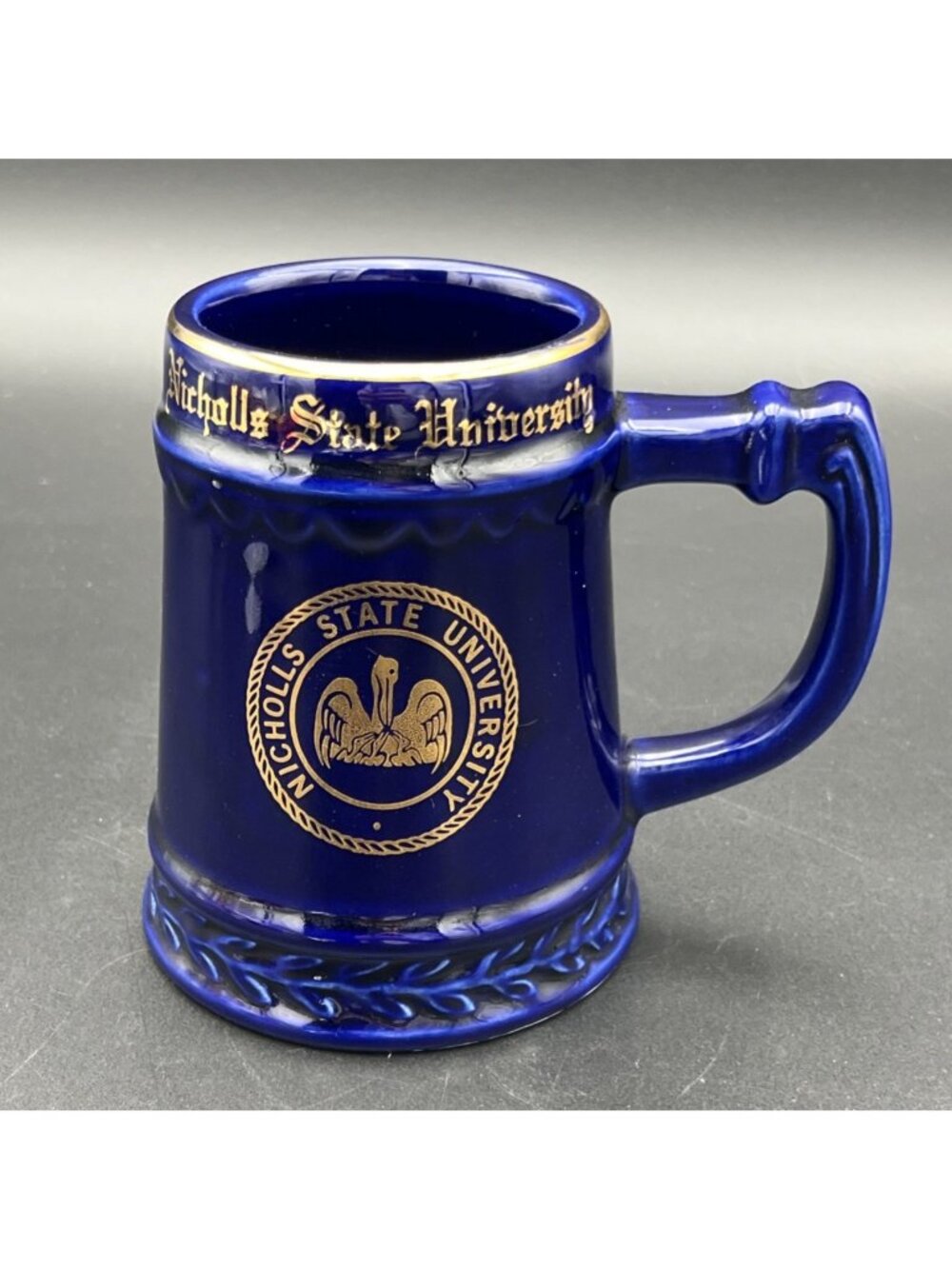VTG Beer Stein Nicholls State University Royal Blue Gold Ceramic Mug Tankard 5"